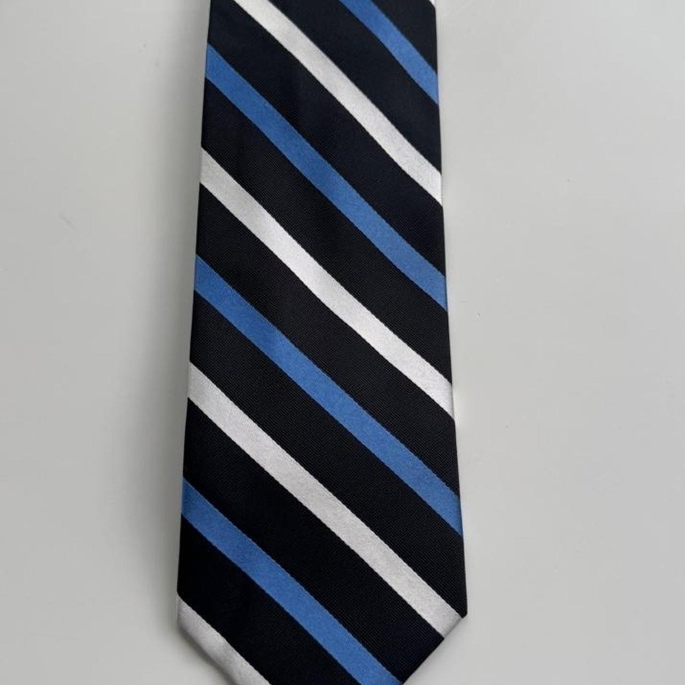 Rooster 100% Silk Tie Black Blue White Diagonal Stripe Mens Necktie 3.25"